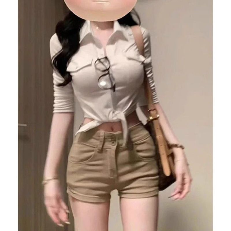 출퇴근 캐주얼 더블 버클 슬림해 보이는 핫걸 스트레이트 데님 반바지 여성 새로운 봄 여름 새로운 스트레이트 데님 핫 바지