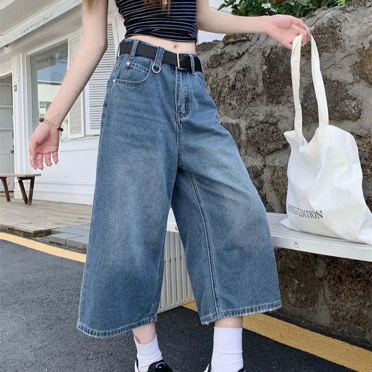 2026 봄 여름 새로운 아메리칸 레트로 워싱 마 오래된 질감 하이웨이스트 루즈핏 넓은 다리 7 점 청바지 여성 트렌디