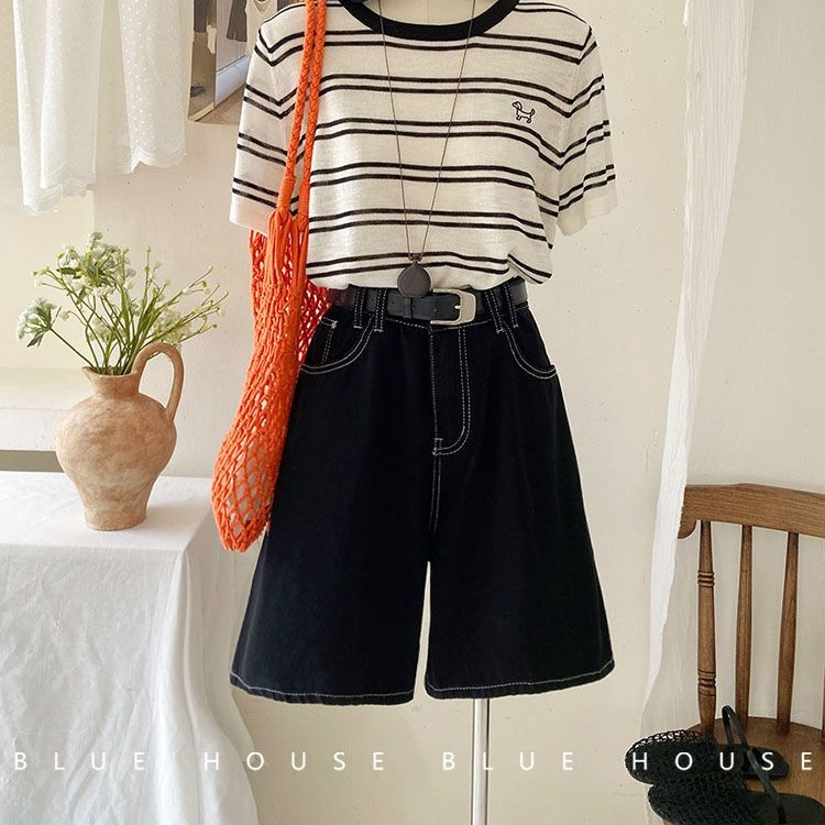 검정색 5 점 데님 반바지 여성 2026 봄 여름 새로운 하이웨이스트 넓은 다리 루즈핏 슬림해 보이는 자수 한 마디 핫 바지