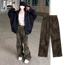 欧美嘻哈豹纹街舞裤女春季高级感oversize休闲裤美式复古直筒裤