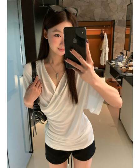 반팔 티셔츠 여성 여름 착용 가져 가라. 화이트 V넥 한 부서 몸매 가꾸기 품격 디자인 센스 맨위