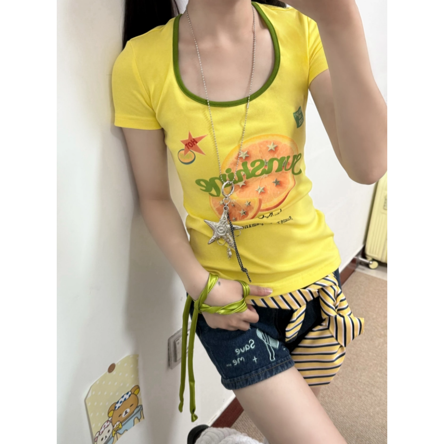 40 순면 리브 210 그램 1 1 도파민 재미있는 과일 프린트 긍정적 인 어깨 반팔 티셔츠