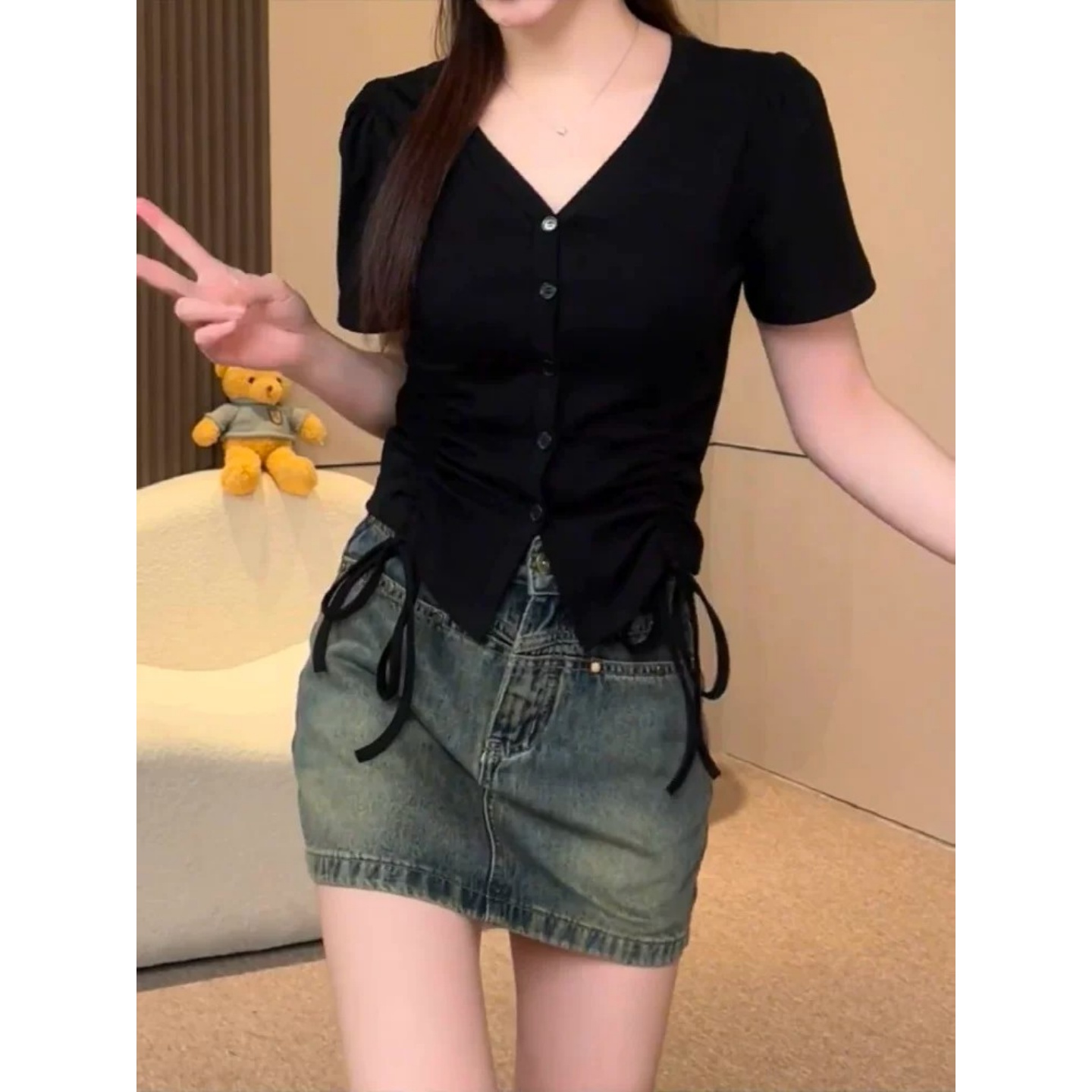40 순면 리브 210 그램 1 1 프랑스식 고급 센스 반팔 오픈 가디건 티셔츠 여름 새로운