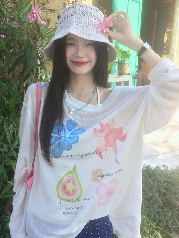 대나무 마디 리브 워터 마크 긴팔 블라우스 여성 여름 느긋한 차가운 센스 통기성 자외선 차단 망사 맨위
