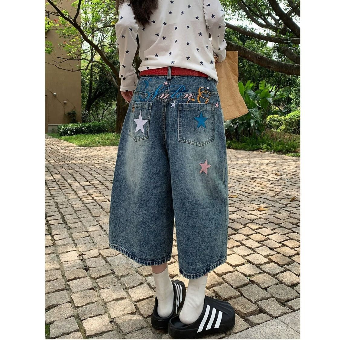 아메리칸 레트로 하이웨이스트 넓은 다리 데님 7부 바지 여성 여름 새로운 루즈핏 슬림해 보이는 워싱 스트레이트 바지