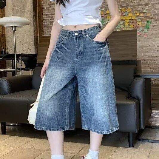하프 허리밴드 섹션 워싱 번개 곡물 모통이 칼 데님 반바지 여성 루즈핏 넓은 다리 7부 바지 조수 브랜드 커플
