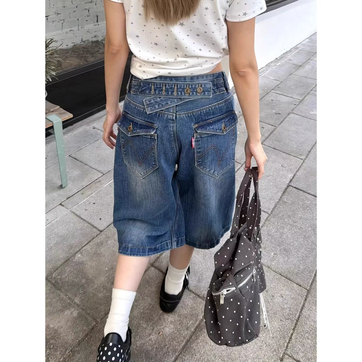 대나무 마디 곡물 데님 바지 아메리칸 레트로 넓은 다리 일상 캐주얼 7부 바지 남녀 여름 루즈핏 와이드 레그 팬츠