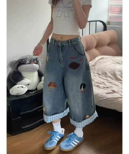 아메리칸 레트로 자수 데님 7부 바지 여성 여름 체크무늬 패치워크 디자인 루즈핏 슬림해 보이는 넓은 다리 바지