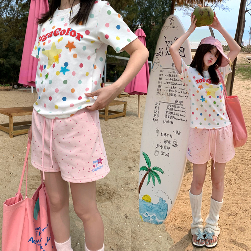 3 차원 허리 머리 도트 무늬 알파벳 반바지 여성 여름 새로운 핫걸 루즈핏 다용도 펌프 로프 허리밴드 반바지