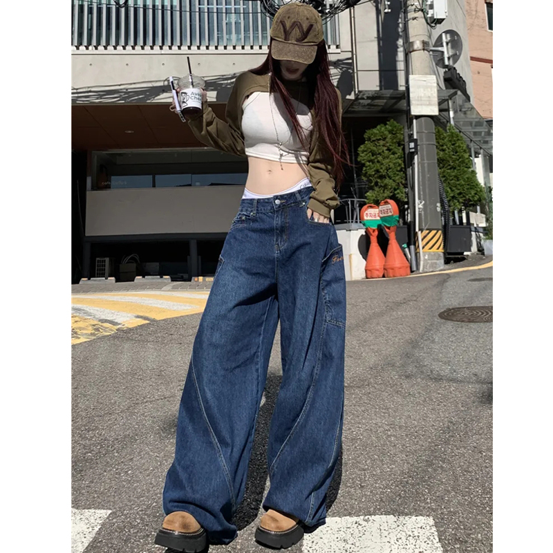 레트로 디자인 센스 빅 포켓 모통이 칼 청바지 여성 봄 루즈핏 슬림해 보이는 넓은 다리 자수 바닥 청소 와이드 레그 팬츠 어린이 트렌디