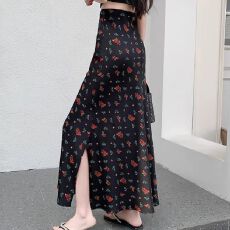 批发度假鱼尾开叉印花雪纺<b class='q'>半身</b>裙女夏季新款高腰显瘦裙子A字裙<b class='q'>长裙</b>薄