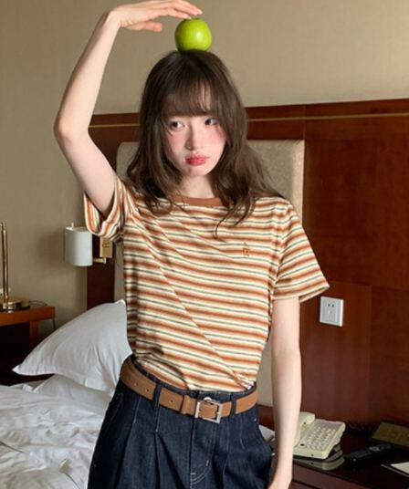 순면 클래식 자수 스트라이프 티셔츠 여름 여성 루즈핏 다용도 라운드 넥 반팔 레트로 기본 셔츠 맨위