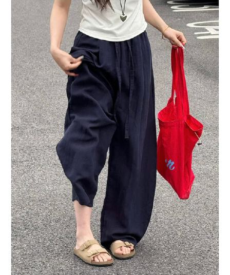 아마 도루 센스 와이드 레깅스 바지 여름 얇은 스타일 블루 색상 얼음 실크 바지 빅 사이즈 통통한 여동생 슬림해 보이는 면 린넨 모통이 칼 바지