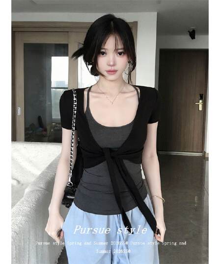 아메리칸 핫걸 세트 여성 여름 스트랩 반팔 오픈 가디건 행침 목 슬립 순수한 욕망 바람 맨위