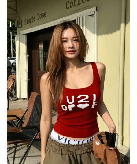 40 순면 리브 210 그램 1 1 섹시함 핫걸 바람 알파벳 프린트 u 칼라 캐미솔