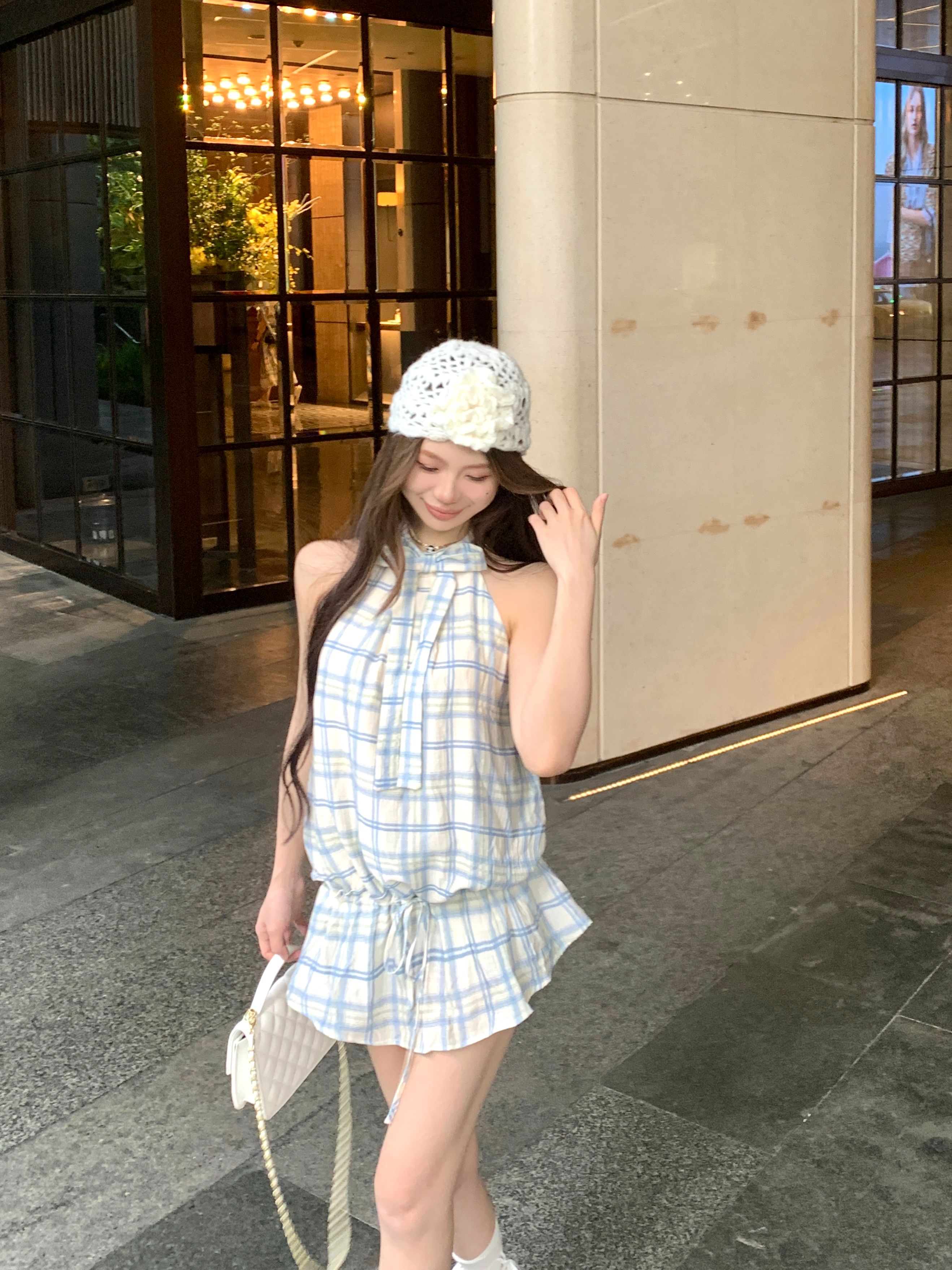 프랑스식 연령 감소 나비 매듭 체크무늬 행침 목 여성 드레스 여름 품격 캐주얼 슬림해 보이는 작은 대중 A라인 스커트 미니 스커트