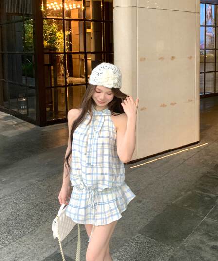 프랑스식 연령 감소 나비 매듭 체크무늬 행침 목 여성 드레스 여름 품격 캐주얼 슬림해 보이는 작은 대중 A라인 스커트 미니 스커트