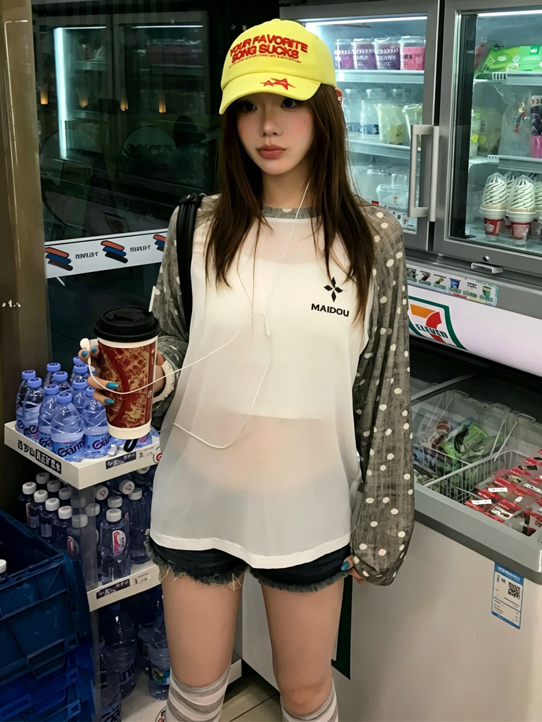 원본 원단 배색 도트 무늬 물리학 자외선 차단 블라우스 여성 여름 삽입 어깨 소매 Tulle 맨위 얇고 가벼운 긴팔 티셔츠