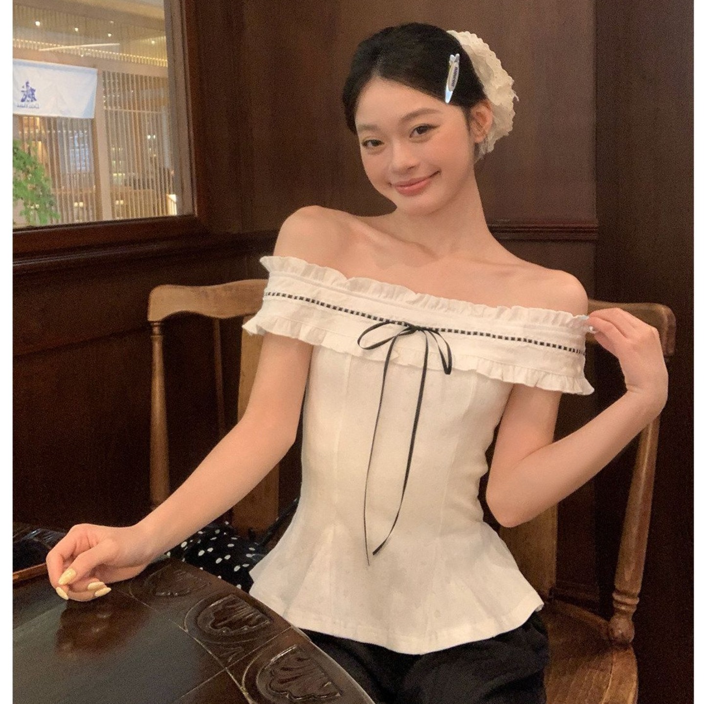 원본 자카드 프랑스식 순수한 욕망 오프숄더 반팔 티셔츠 여성 여름 오프숄더 허리 수축 몸매 가꾸기 슬림해 보이는 맨위