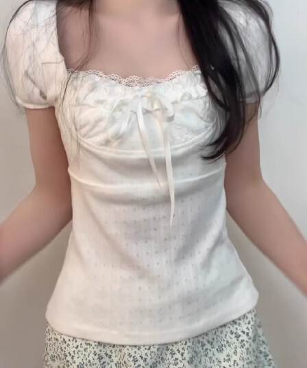 메이 스타일 210 그램 발레 바람 레이스 레이스 패치워크 나비 매듭 반팔 티셔츠 여성 셔츠