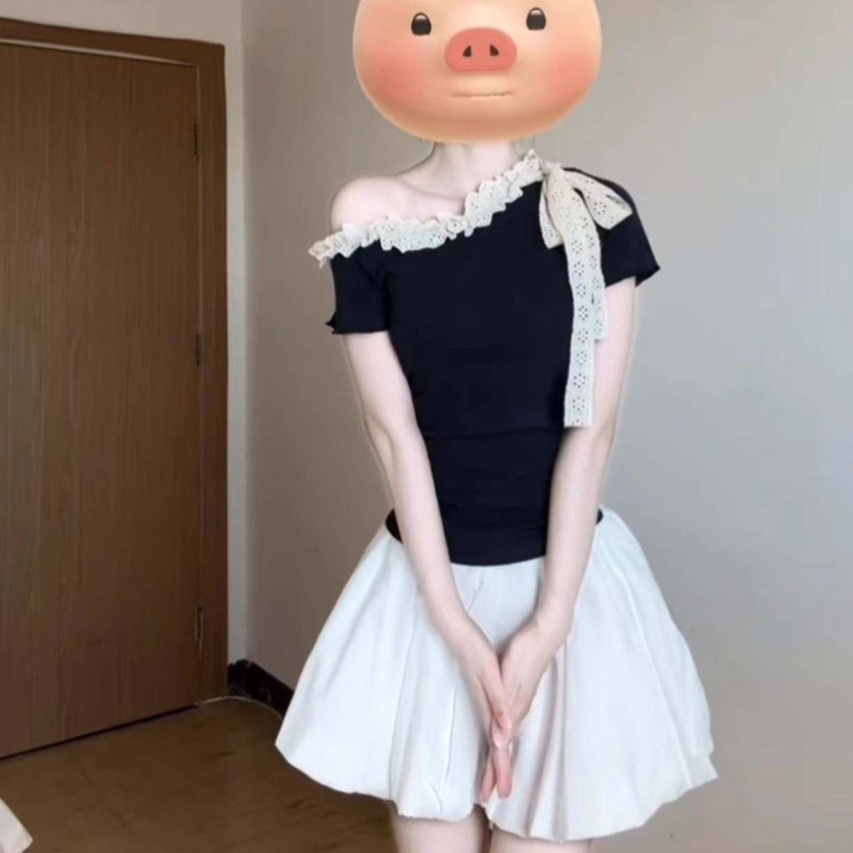 모달 260 그램 1 1 한 부서 달콤함 나비 매듭 비스듬한 어깨 반팔 티셔츠 맨위