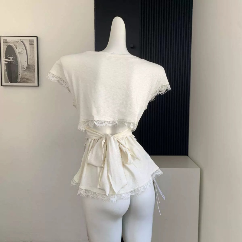 한 부서 화이트 레이스 레이스 패치워크 반팔 티셔츠 여성 여름 몸매 가꾸기 긍정적 인 어깨 V넥 달콤한 핫걸 쇼트 스타일 맨위 트렌디