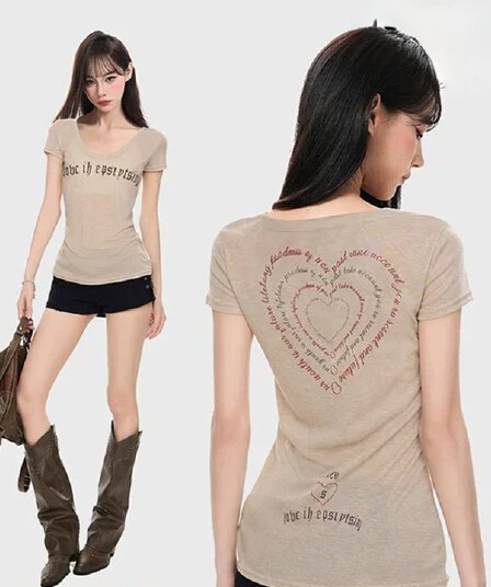 원본 품질 u 칼라 반팔 티셔츠 여성 여름 대 네클라인 몸매 가꾸기 꼬집기 허리 위로 의류