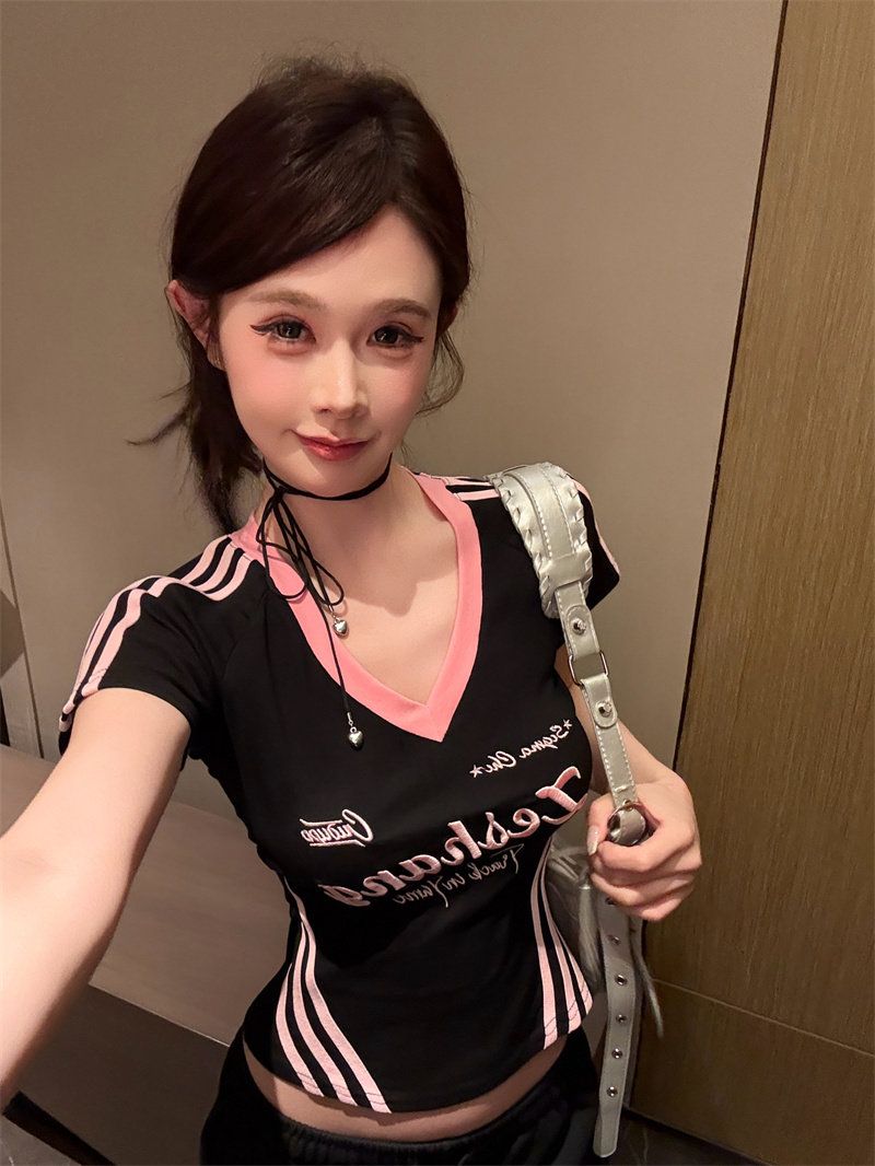이후 패키지 칼라 40 순면 95 면 당겨서 바 자수 다용도 슬림해 보이는 알파벳 자수 쇼트 스타일 티셔츠 몸매 가꾸기