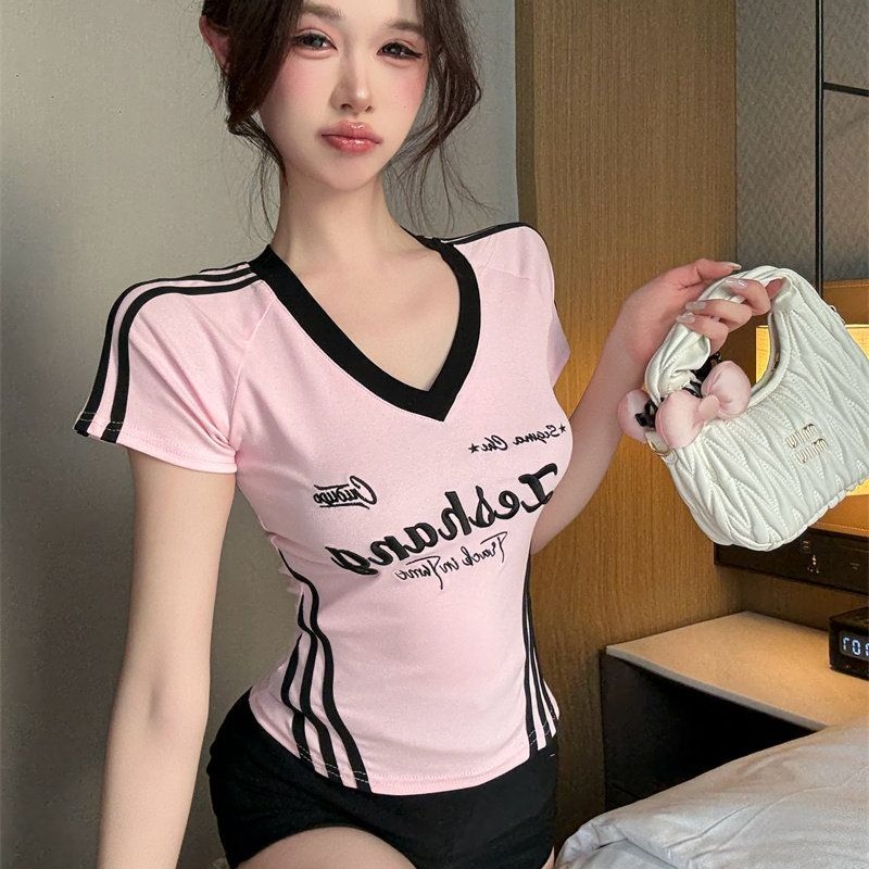 이후 패키지 칼라 40 순면 95 면 당겨서 바 자수 다용도 슬림해 보이는 알파벳 자수 쇼트 스타일 티셔츠 몸매 가꾸기