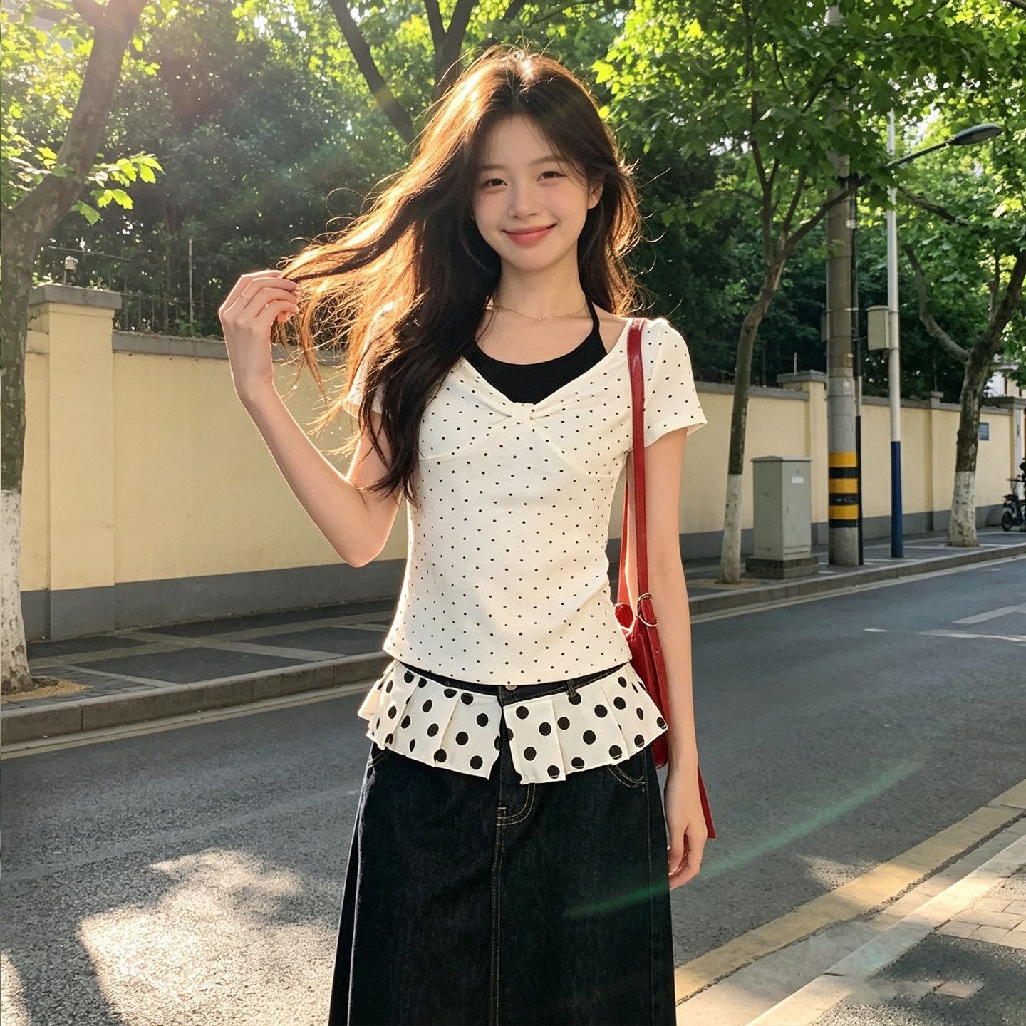 40 빗질하다 92 면 8 암모니아 Lun 보안 버클 여름 페이크 레이어드 도트 무늬 반팔 여성 초기 착용 가져 가라. 화이트