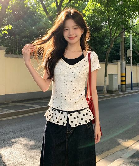 40 빗질하다 92 면 8 암모니아 Lun 보안 버클 여름 페이크 레이어드 도트 무늬 반팔 여성 초기 착용 가져 가라. 화이트