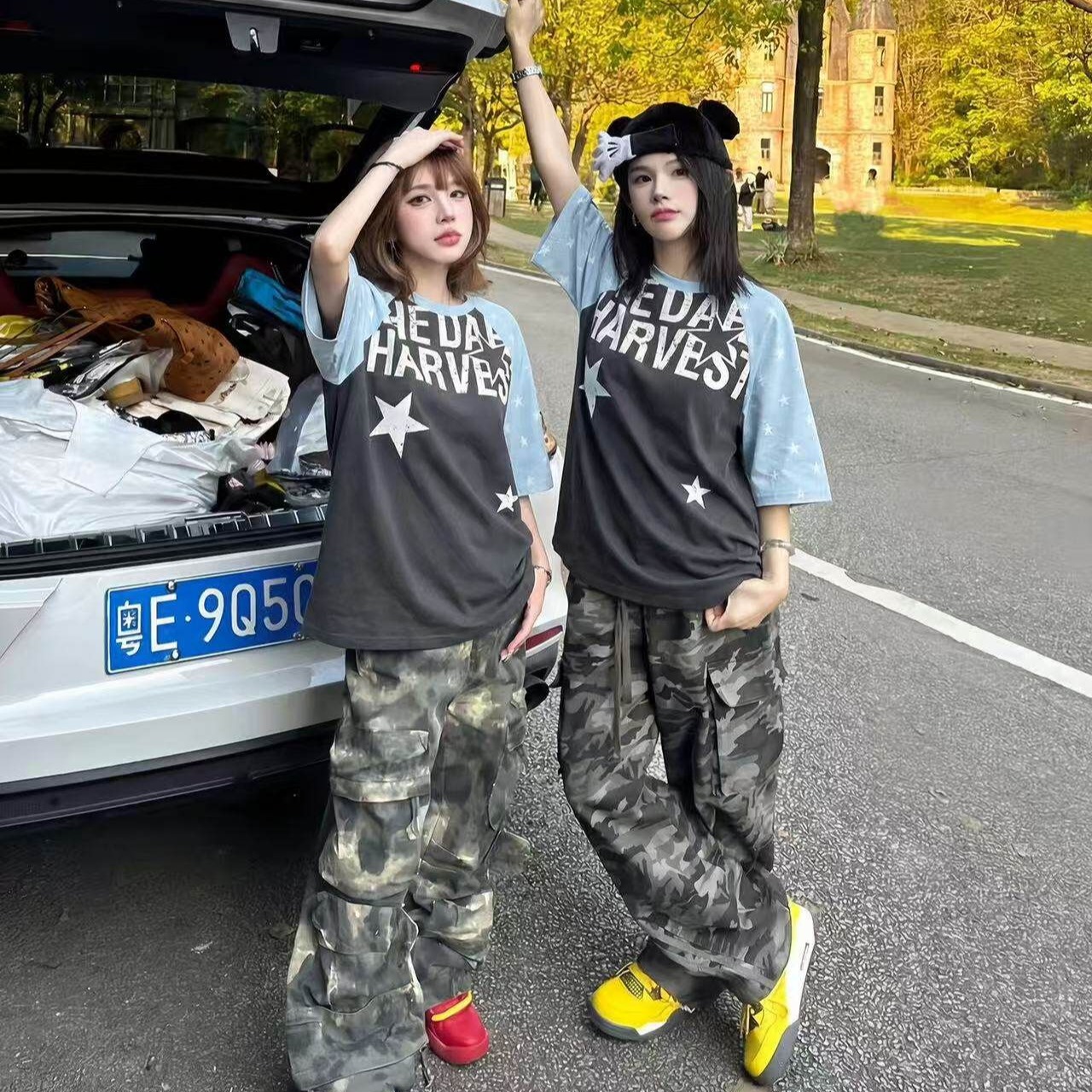 순면 19 지점 220 그램 프린트 배색 티셔츠 맨위 여성 다용도 루즈핏 아메리칸 삽입 어깨