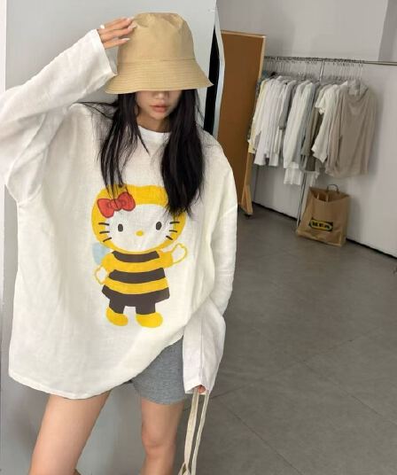 원본 라이 경기 서울 면 린넨 벌 프린트 긴팔 티셔츠 여성 면 린넨 라운드 넥 루즈핏 기본 셔츠 맨위 자외선 차단 의류