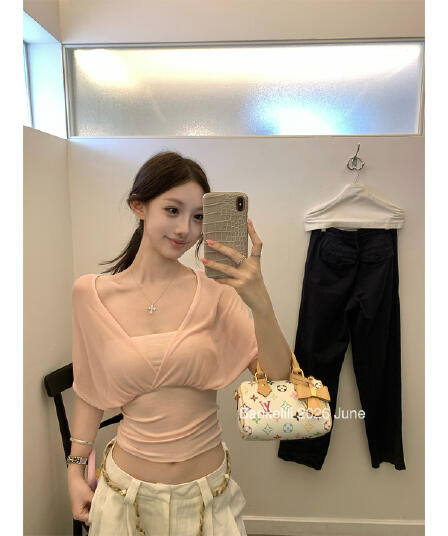 밤나무 코코아 bankelili 산소 얼음 가죽 tee 100 라이 경기 서울 페이크 레이어드 주름 블라우스 튜브탑 여성