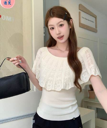 65 접착제 35 나일론 보트넥 프릴 니트 반팔 티셔츠 여성 여름 홀로우 아웃 오프숄더 맨위