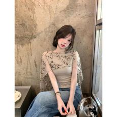 批发【人棉】豹纹披肩无袖<b class='q'>t</b><b class='q'>恤</b>女夏法式收腰修身显瘦假两件短款上衣
