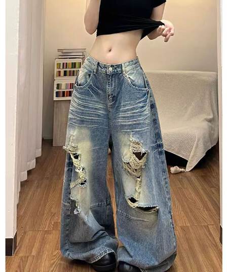 하라주쿠 스타일 ins 트렌디 찢어진 부분 모통이 칼 넓은 다리 청바지 여성 봄 가을 새로운 루즈핏 넓은 다리 바닥 청소 청바지