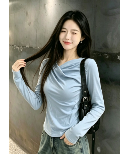 와 사고 방식 모달 260 그램 1 1 작은 대중 Chic 트위스트 Pleat 비스듬한 칼라 슬림해 보이는 긴팔 맨위