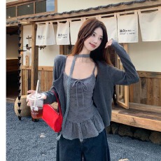 批发【人棉+棉感4*2】甜美设计感荷叶边波点吊带背心长袖开衫女<b class='q'>套装</b>