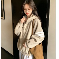 批发韩系学院慵懒松弛感连帽<b class='q'>卫衣</b>拉链秋季小众宽松<b class='q'>开衫</b>外套