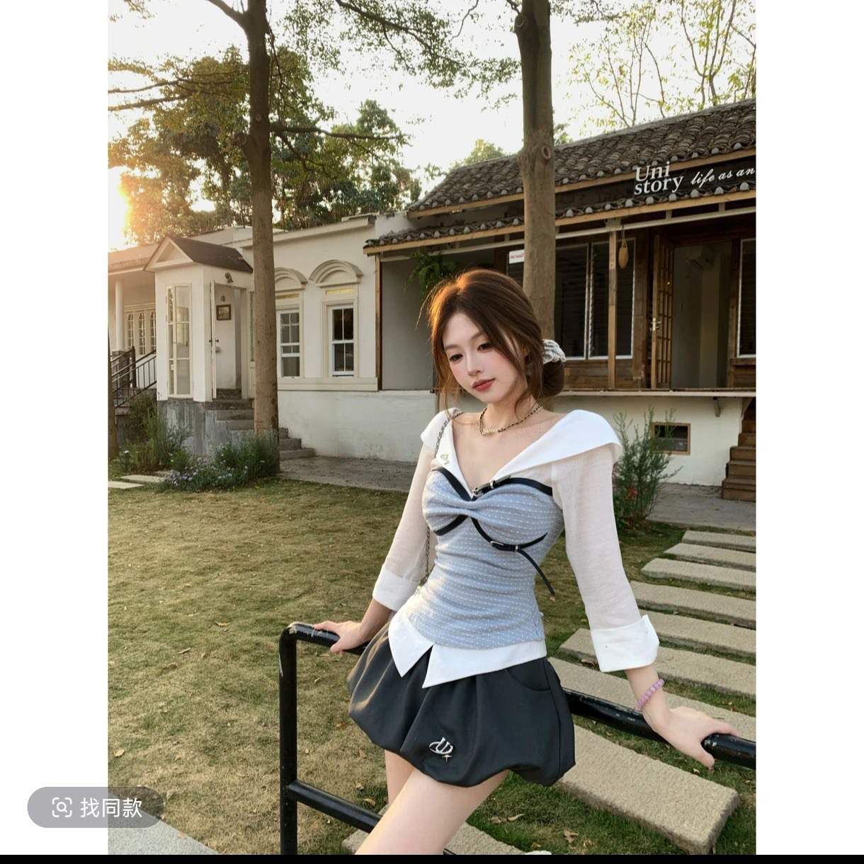 루이 茜 웨이 Sher S 지성 미시 봄 여름 순수한 욕망 바람 반신 스커트 맨위 꽃밭 미니 스커트 세트