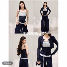 批发谢不肉 格纹拼接吊带背心莱赛<b class='q'>尔</b>短款开衫<b class='q'>女</b>春阔腿宽松长裤套装