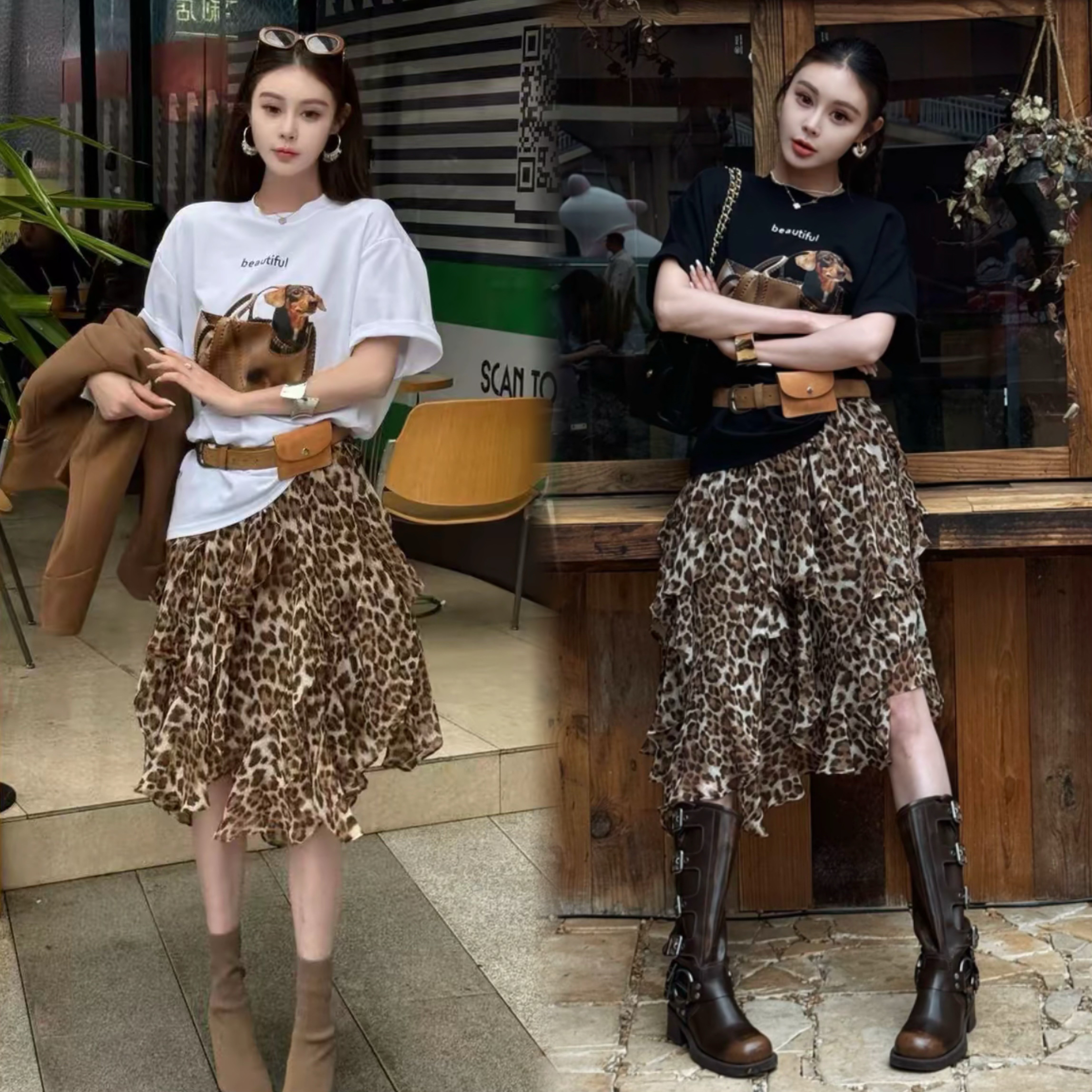 트렌드 다용도 강아지 가방 패턴 t+ 다용도 경 사진 디자인 허리밴드 레오파드 무늬 하프 거즈 스커트 세트