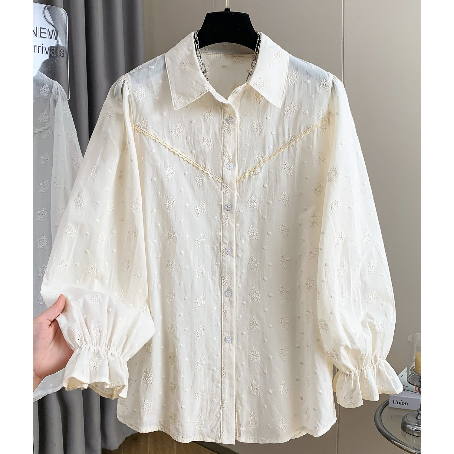 재고 있음 실사 2026 봄 드레스 새로운 셔츠 여성 긴 소매 가시 자수 Chic 루즈핏 프랑스식 순면 셔츠