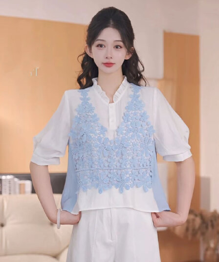 재고 있음 2026 여름 드레스 새로운 박하 디자인 센스 여성 패치워크 페이크 레이어드 반팔 셔츠