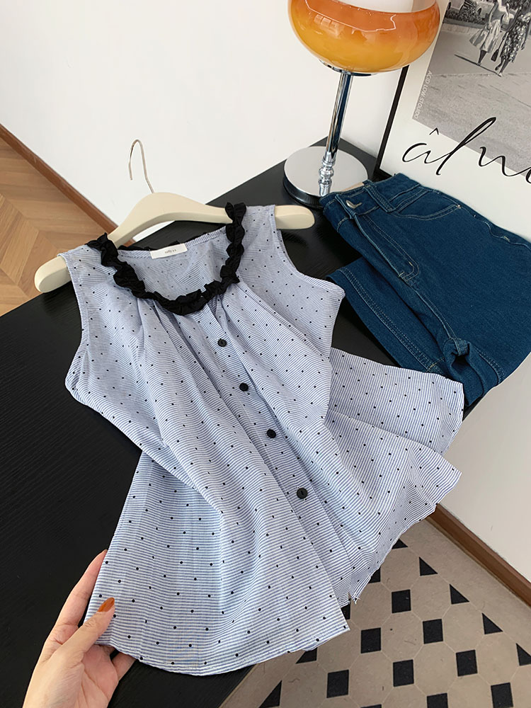 FA34195# 韩系简约百搭气质设计感小众波点无袖背心上衣 服裝批發女裝批發服飾貨源