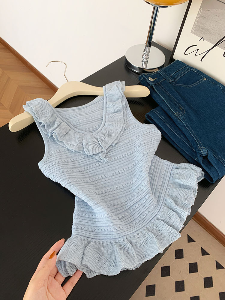 FA34193# 荷叶边针织无袖背心女新款韩系精致气质上衣 服裝批發女裝批發服飾貨源