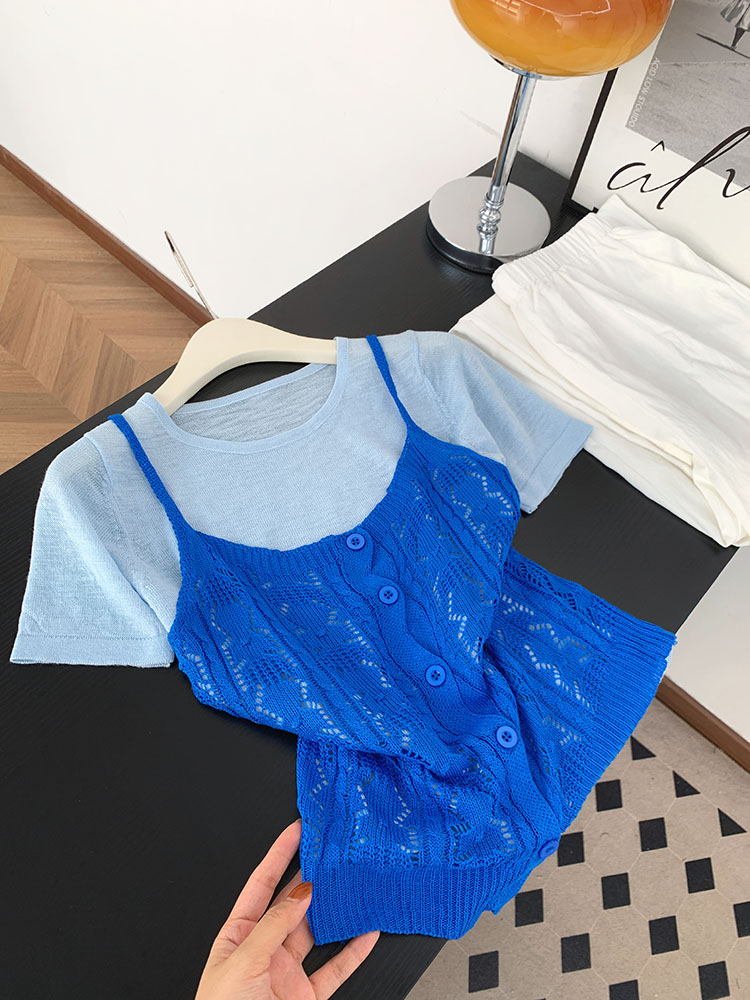 FA34192# 镂空拼接短袖针织T恤女新款吊带显瘦正肩上衣两件套 服裝批發女裝批發服飾貨源
