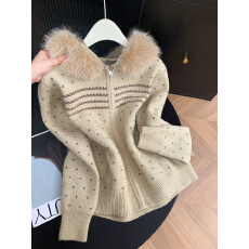 批发实拍 控价20 费尔岛连帽毛领拉链毛衣外套女<b class='q'>短款</b>针织<b class='q'>卫衣</b>开衫上衣