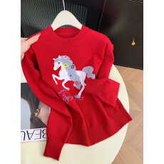 批发实拍 控价20 撞色小马刺绣圆领针织衫女新款落肩袖套头<b class='q'>毛衣</b>